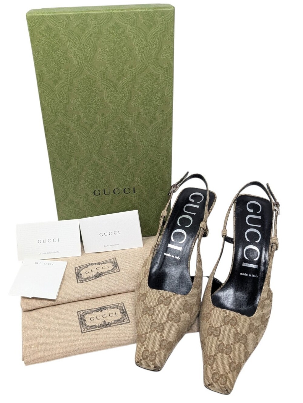 Gucci Aria Beige Monogram Slingback Square Toe Heels Pumps Size EU 39